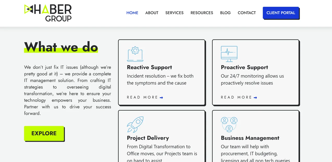 Haber Group IT services website with managed support, project delivery and client portal navigation